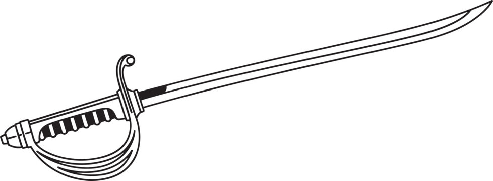 Black and white sketched of a curved sword with intricate hilt and scabbard details curved blade