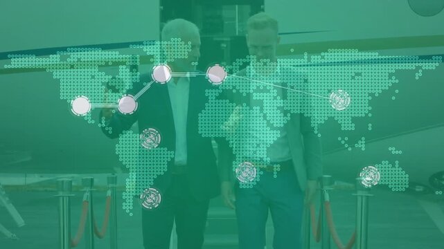 Animation of connected dots, map over diverse businessman walking out of private jet at airport