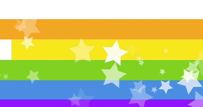 A digital animation of pride text over rainbow stripes