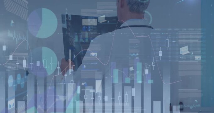 Animation of statistics and financial data processing over man using smartphone