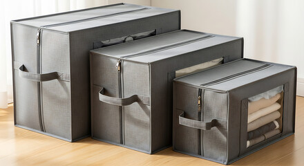 Set of Grey Fabric Storage Bins with Side Handles and Clear Windows for Closet Organization