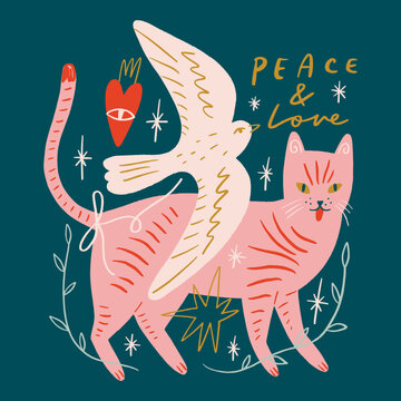 Abstract surreal groovy poster or postcard cat toyger and dove of peace with sacred heart. Modern trendy minimal freehand doodlish surreal style. Hand drawn clipart design for wallpaper, wall decor