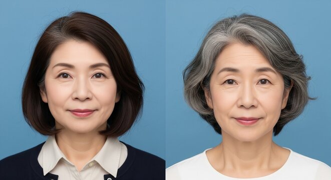 風貌の異なる2人のおばさん日本人女性の証明写真2枚セット
