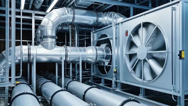 A dimly lit industrial interior with two large, white, insulated pipes running parallel along a rugged stone wall, with steam emanating from them, and a large metal fan visible on the right wall