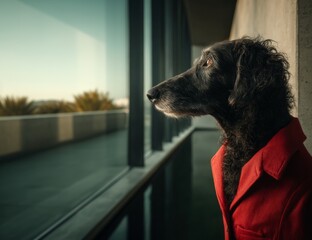 Side profile portrait of curly dog wearing red coat looking through window in modern building