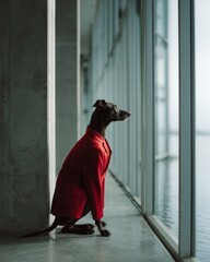 Stylish black dog wearing red coat sitting by large window in modern architecture