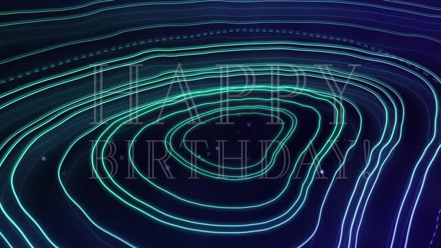 Animation of neon happy birthday text banner over topography patterns against blue background