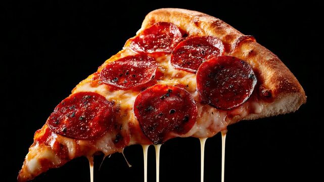 Single slice of delicious pepperoni pizza with melting cheese and spicy salami, isolated on a black background
