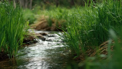 Babbling Brook in a Lush Green Meadow