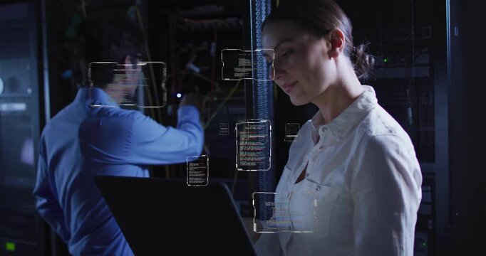 Working on laptop, woman with code snippets over data center background