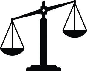 Minimal vector silhouette, antique balance scale with two hanging pans, solid black, isolated on white.