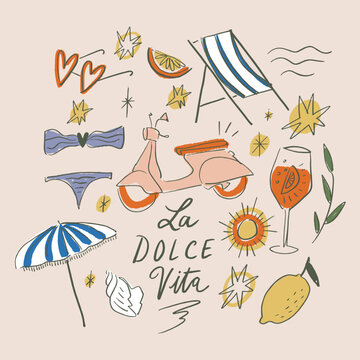 Mediterranean summer freehand collage bundle pink scooter bike, ice-cream, aperol cocktail, tomatoes, coffee cup, beach items, girlish vacay illustration. Vector design in La Dolce Vita aesthetic set