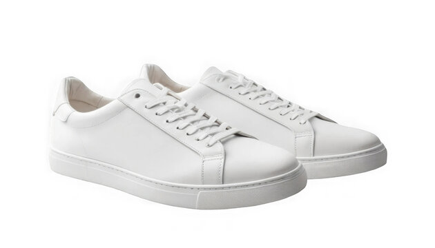 A pair of clean minimalist white leather low top court sneakers with matching laces ready for modern casual wear on transparent background