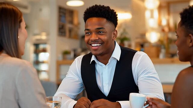 African American man,white shirt,smiling man,cafe conversation,friends,lively talk,cozy cafe,black man,social interaction,casual chat,enjoying conversation,friendship,urban cafe,cafe setting,smile,joy