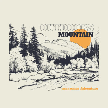 Outdoors Mountain vintage graphic artwork. Take it Outside Adventure. perfect for tee sweatshirt design.