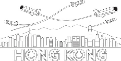 Fototapeta premium Hong kong skyline futuristic transportation concept flying cars illustration vector art