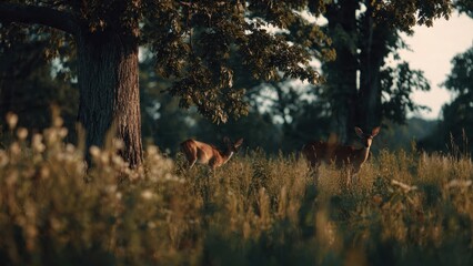 Deer in meadow with wildflowers, dusk