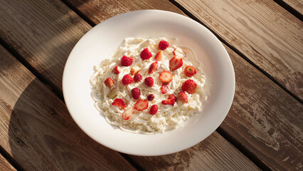 Plate with fresh cottage cheese with sour cream, strawberries, raspberries, and summer berries on a wooden table in sunlight. A healthy breakfast or dessert made with milk protein and seasonal fruits.