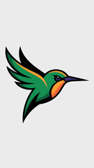 Obraz premium Hummingbird mascot logo illustration with green and orange feathers flying on white background for sports team branding corporate identity marketing materials and creative design projects
