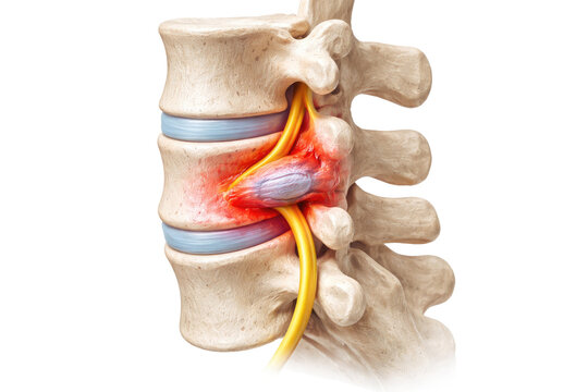 Herniated spinal disc compressing nerve root anatomy showing lumbar vertebrae injury medical illustration isolated on white background