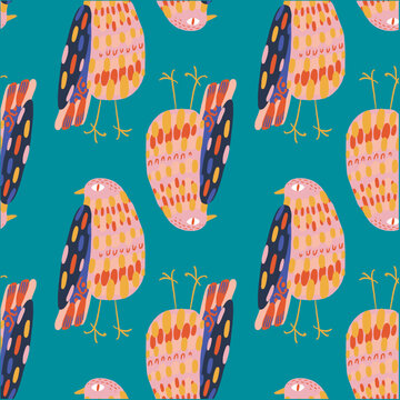 Vector reaky cool funny hand-drawn doodlish abstract bird seamless pattern, Scandinavian freehand style minimal collage clipart, for cloth and more variants
