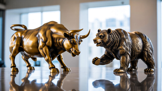 Bronze bull and bear statues symbolize stock market conflict and financial tension