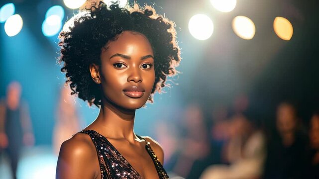 Fashion model with afro hairstyle poses in shimmering dress on runway