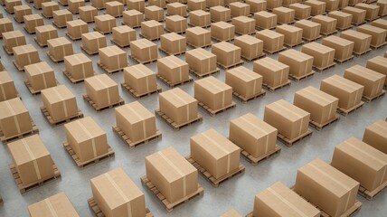 Rows of cardboard boxes on wooden pallets in a warehouse