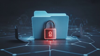 Secure digital folder with glowing red lock on dark background with circuit lines