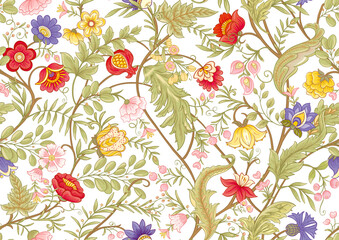Ornate floral seamless pattern. Elegant hand-drawn botanical motif with intricate repeating layout for textile, wallpaper and decor, classic flowers and foliage create a refined vintage background. © Elen  Lane