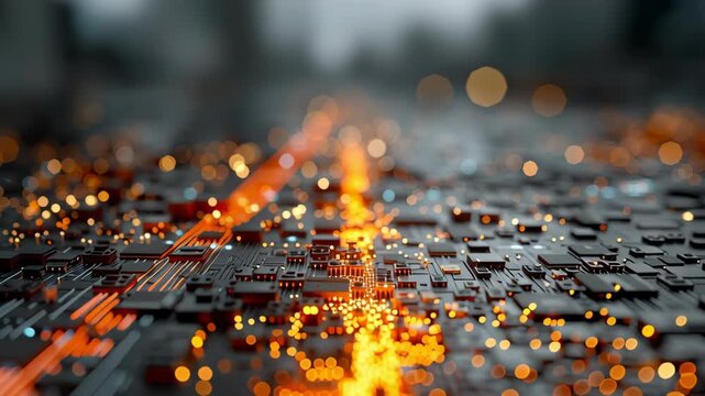 Futuristic technology circuitry illuminated by golden and orange glowing lights, representing digital innovation and high-tech environments. the focus on microchips and connections symbolizes advanced