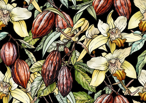 Chocolate and vanilla elements seamless pattern. Hand-drawn botanical illustration of vanilla orchids and cocoa pods in a vintage style, designed for textile, wallpaper, kitchen, and culinary projects