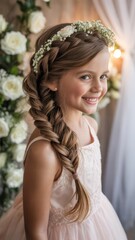 Naklejka premium Smiling girl with long braided hair and floral crown wearing a delicate pink dress, standing in front of white roses and soft curtains, symbolizing innocence and celebration