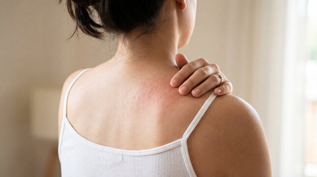Close-up of a woman's back and shoulder with a visible red rash. Her hand touches the irritated skin, suggesting an allergic reaction or skin condition