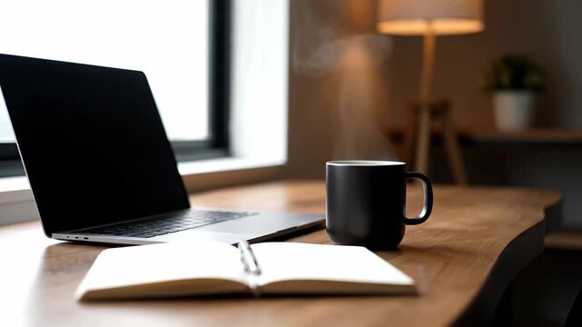 Cozy remote work desk setup with laptop coffee and notebook