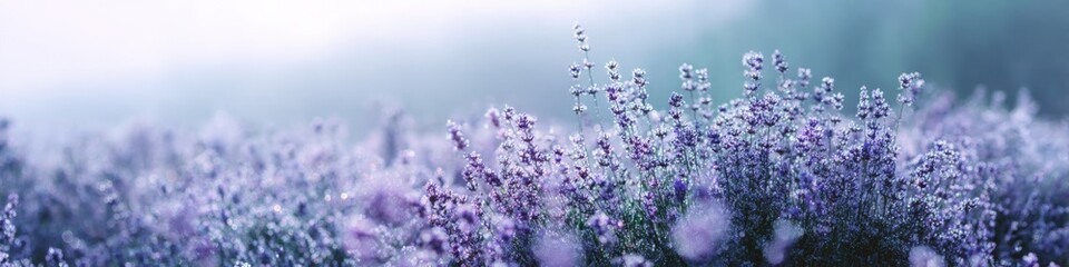 Obraz premium Lavender fields in bloom with morning mist and soft light