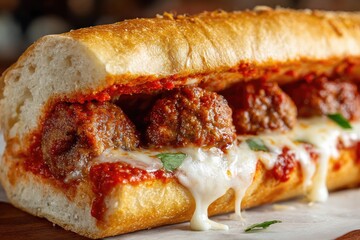 A long, crusty bread roll filled with savory meatballs and melted cheese