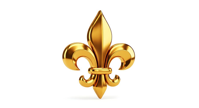 Golden Fleur de Lis Symbol Isolated on White Background, Elegant Heraldic Lily Emblem 3D Render