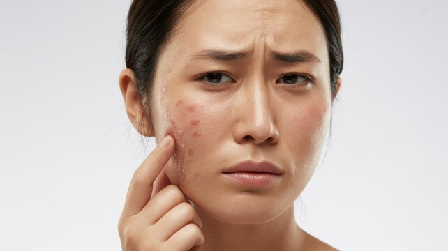 Close-up of a concerned woman touching irritated skin with red acne and dryness on her cheek, against a neutral background. Concept of skincare problems, dermatology and sensitive skin