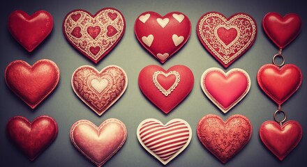 Fototapeta premium Romantic Valentine s Day Collection of Whimsical Heart-Shaped Decorations in Red and Pink Hues