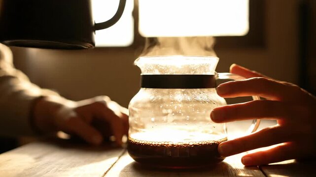 Pouring hot water into a glass carafe for coffee brewing process