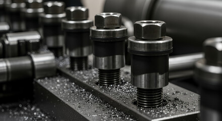 Industrial machinery parts with metal bolts on a metal plate in a manufacturing setting