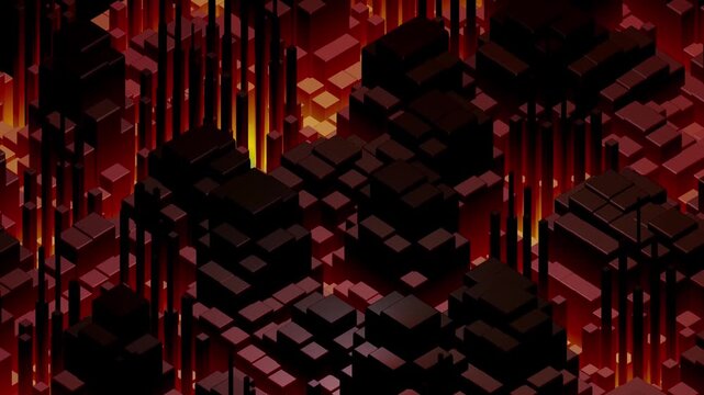 Dark 3D cubes in isometric layout rise from a glowing red grid, forming a futuristic cityscape with sharp lighting and high contrast