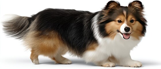 Obraz premium Shetland sheepdog runs happily in a field with a joyful expression during a sunny afternoon in high-definition clarity