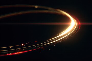 Glowing, curving light trails streak across a dark background with tiny sparks