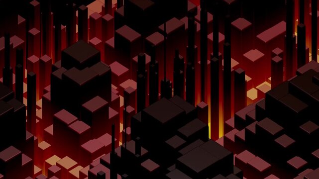 Black and dark red cubes form a dense isometric pattern with glowing red and orange lighting in a stylized abstract 3D structure