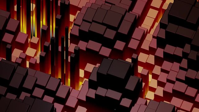 Isometric blocks form a futuristic city grid in red tones with glowing orange lighting and deep black shadows for a high-tech abstract look