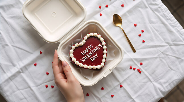 Heart shaped bento cake with white piping and text for Valentine's Day. Woman holding romantic dessert box