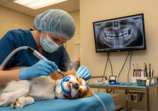 A veterinarian performs a dental cleaning procedure on a sedated dog in a clinic. Professional pet care and animal oral hygiene. Veterinary medicine concept