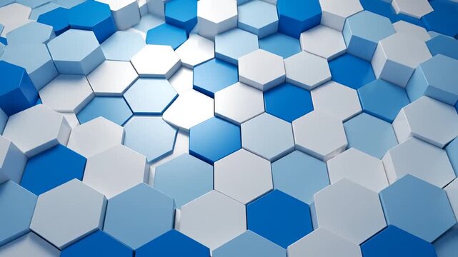 Abstract geometric background with blue and white hexagonal shapes creating a modern pattern.
